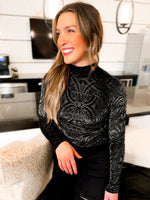 Load image into Gallery viewer, Mila Mesh &amp; Velvet Mockneck Top - Girl Code Couture
