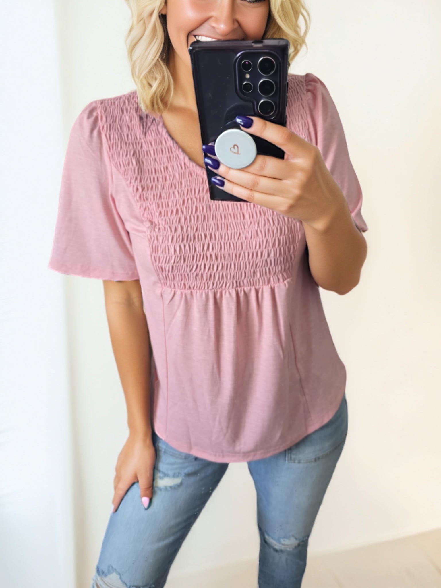 Pink Smocked Pleated Babydoll Tee