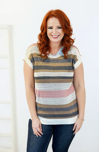 Striped Eyelet Knit Short Sleeve Sweater Tee