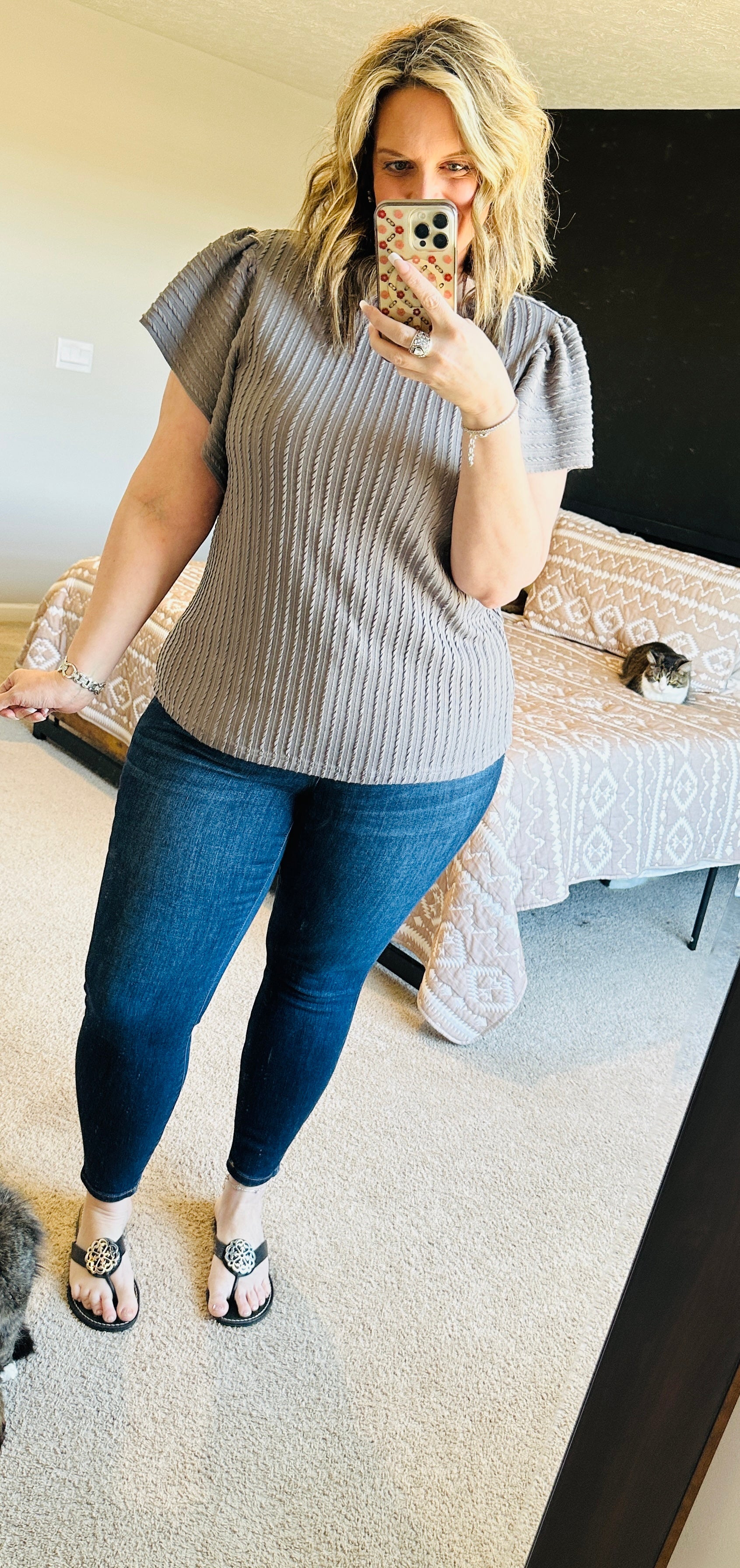 Ribbed Knit Ruffle Sleeve Top