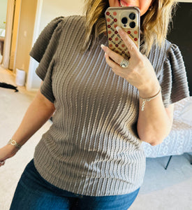 Ribbed Knit Ruffle Sleeve Top