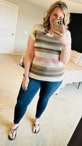 Striped Eyelet Knit Short Sleeve Sweater Tee