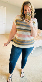 Load image into Gallery viewer, Striped Eyelet Knit Short Sleeve Sweater Tee
