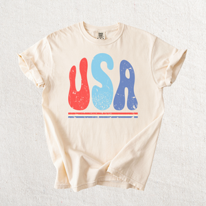 USA Bubble Letters with Stripes Graphic Tee