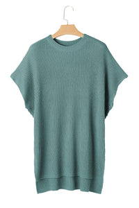 Dusty Teal Side Slit Short Sleeve Oversized Sweater