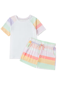 White Rainbow Striped Tee + Shorts Set