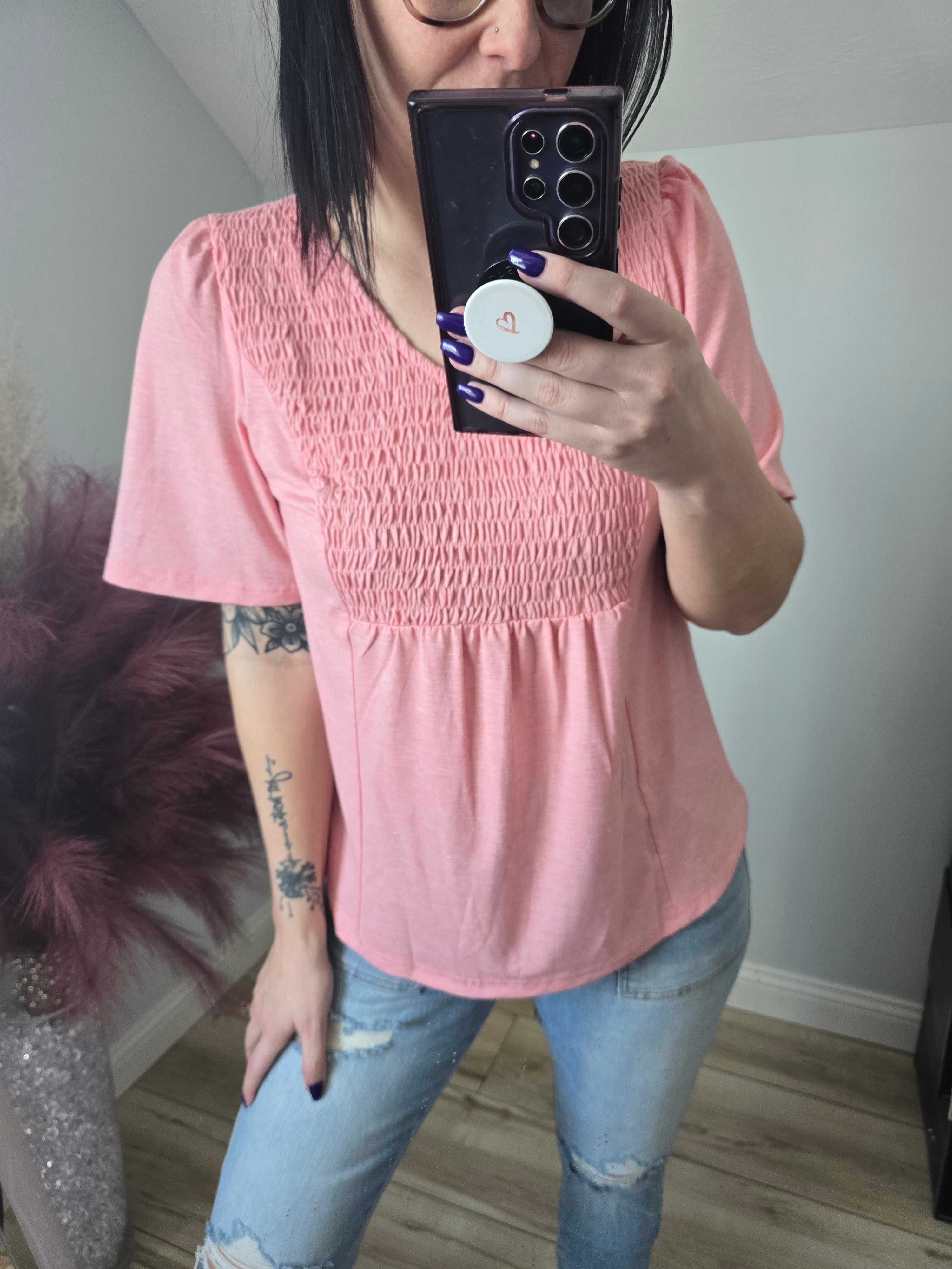 Pink Smocked Pleated Babydoll Tee